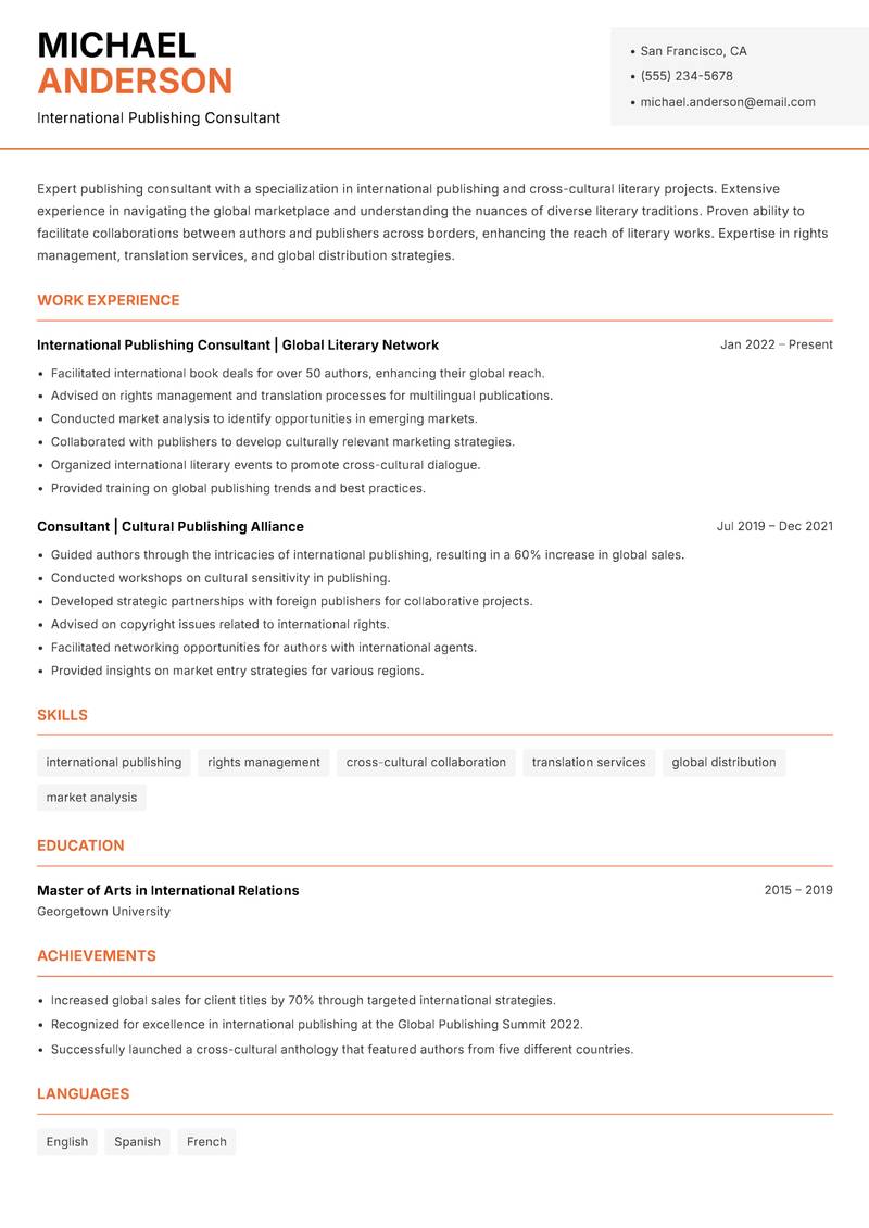 Publishing Consultant resume sample — International Publishing Consultant focus