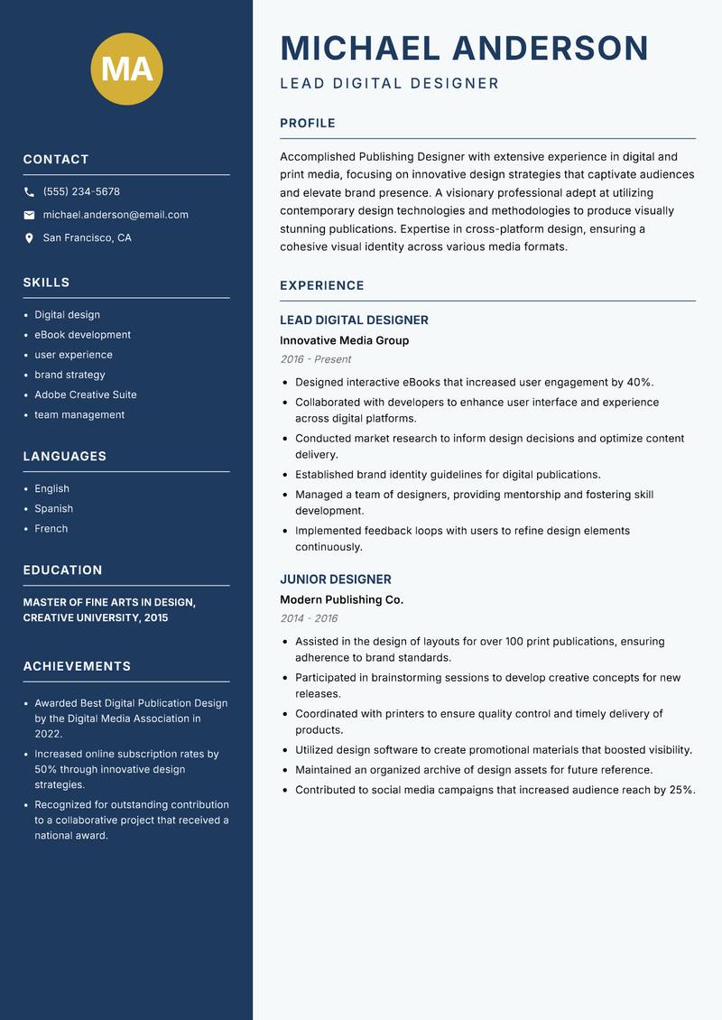 Publishing Designer resume sample — Lead Digital Designer focus