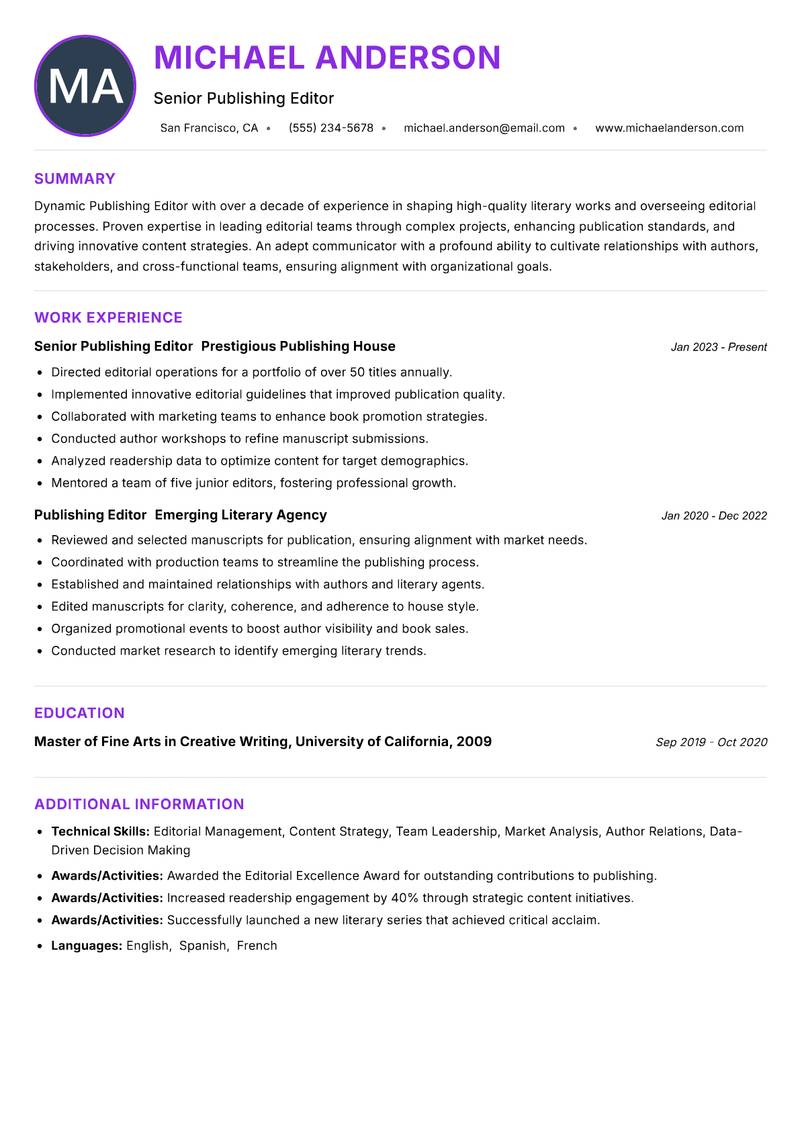 Publishing Editor resume example