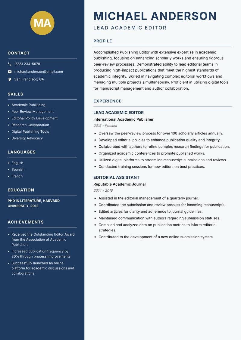 Publishing Editor resume sample — Lead Academic Editor focus