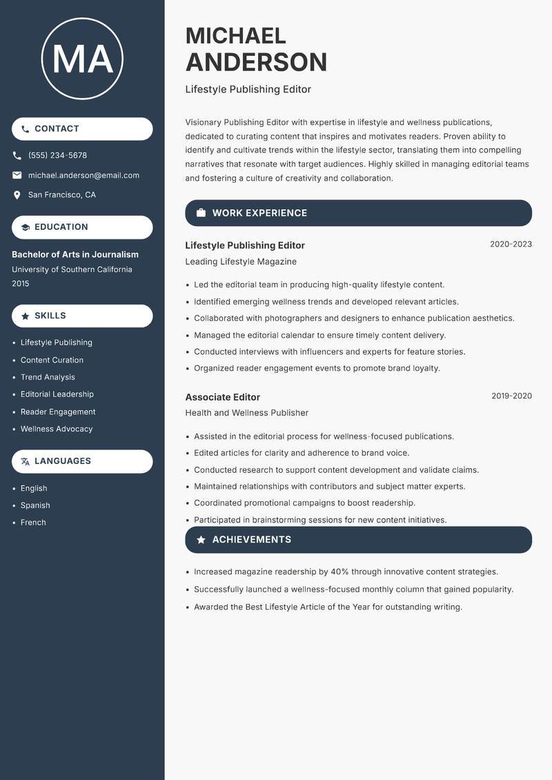 Publishing Editor resume sample — Lifestyle Publishing Editor focus