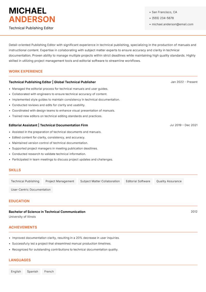 Publishing Editor resume sample — Technical Publishing Editor focus
