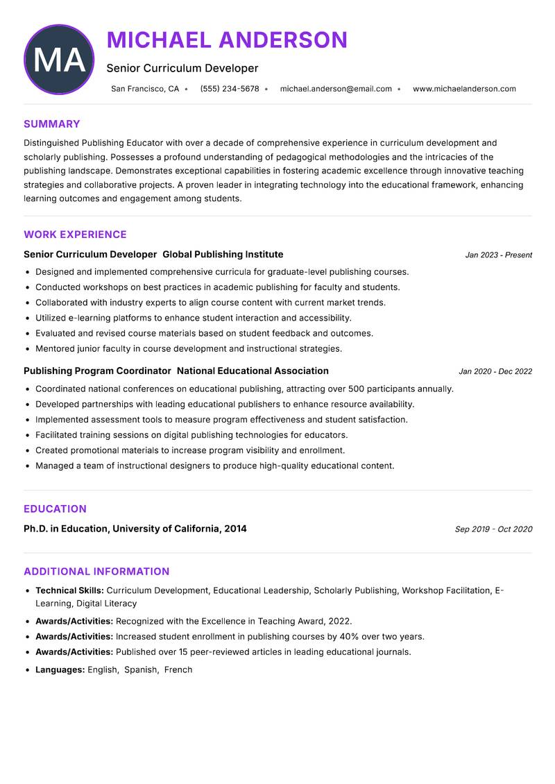 Publishing Educator resume example