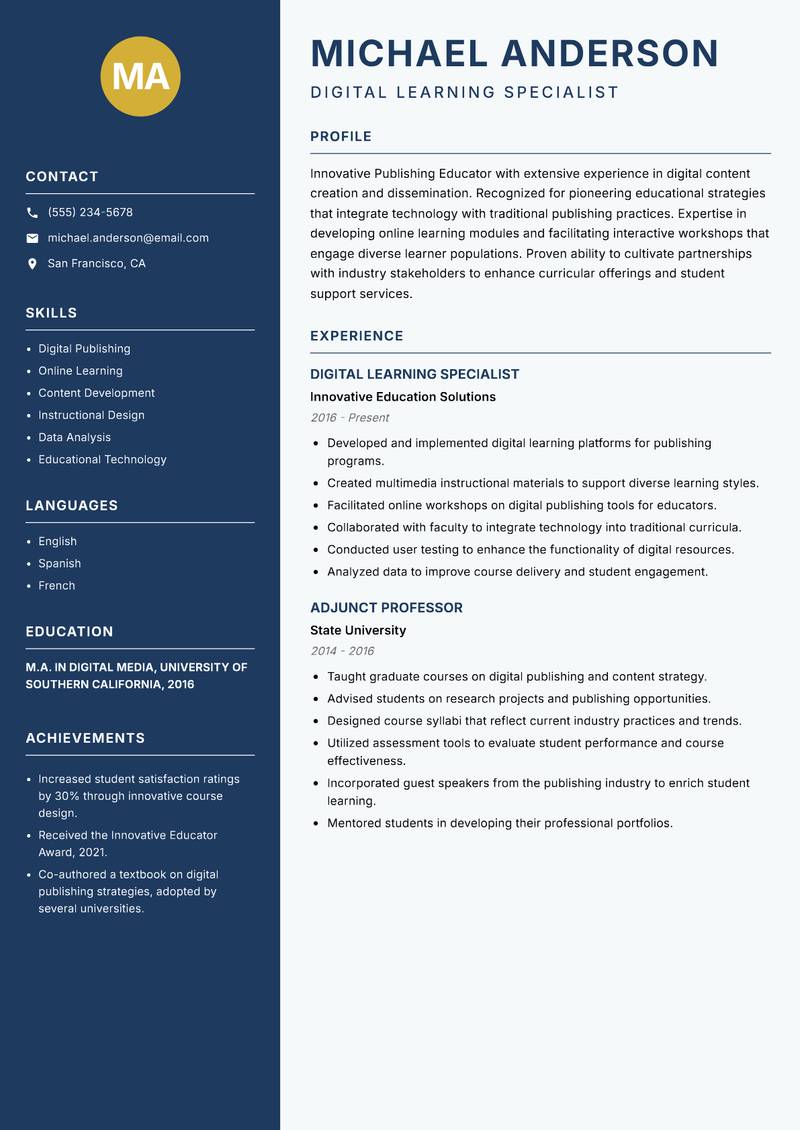 Publishing Educator resume sample — Digital Learning Specialist focus