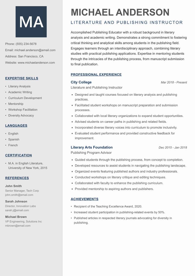 Publishing Educator resume sample — Literature and Publishing Instructor focus