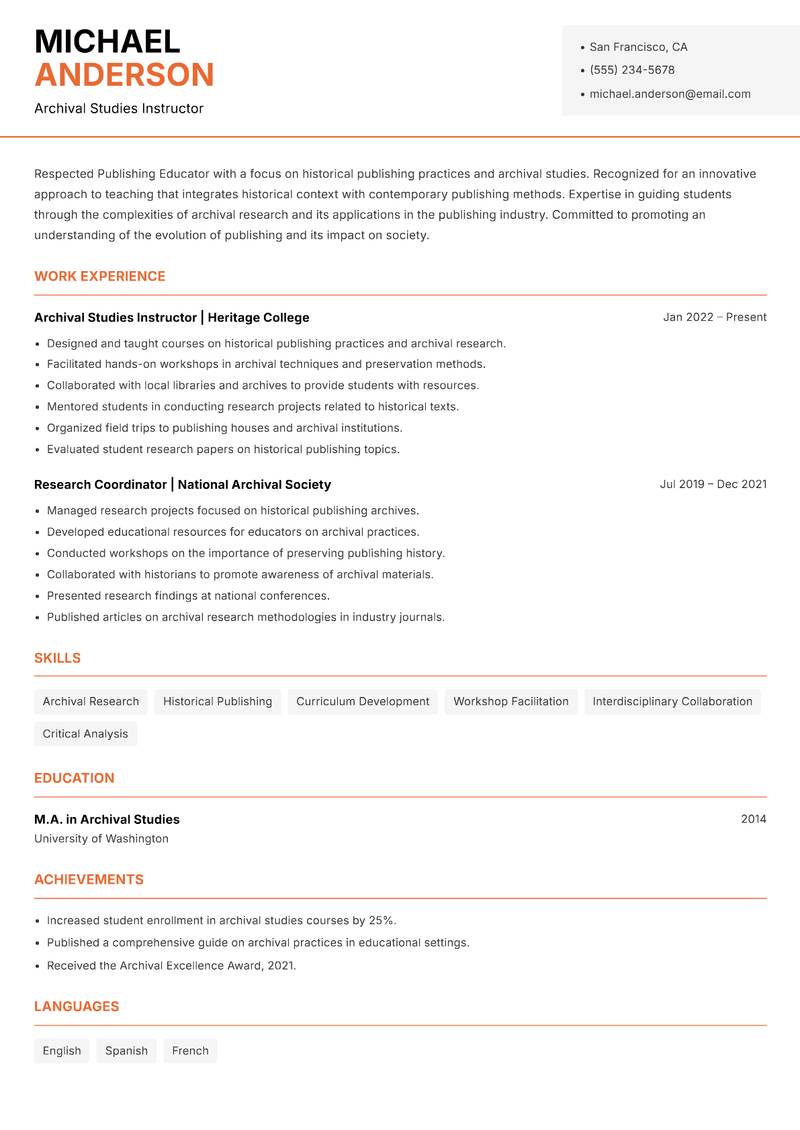 Publishing Educator resume sample — Archival Studies Instructor focus