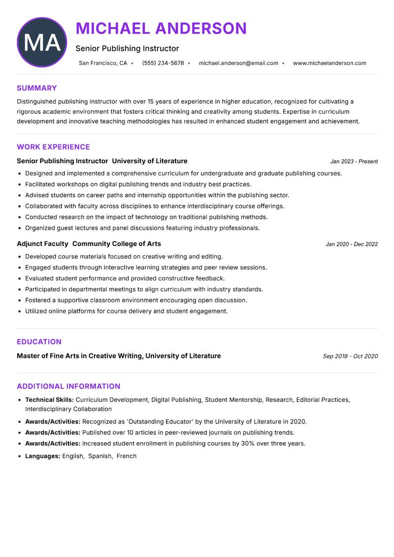 Publishing Instructor resume example