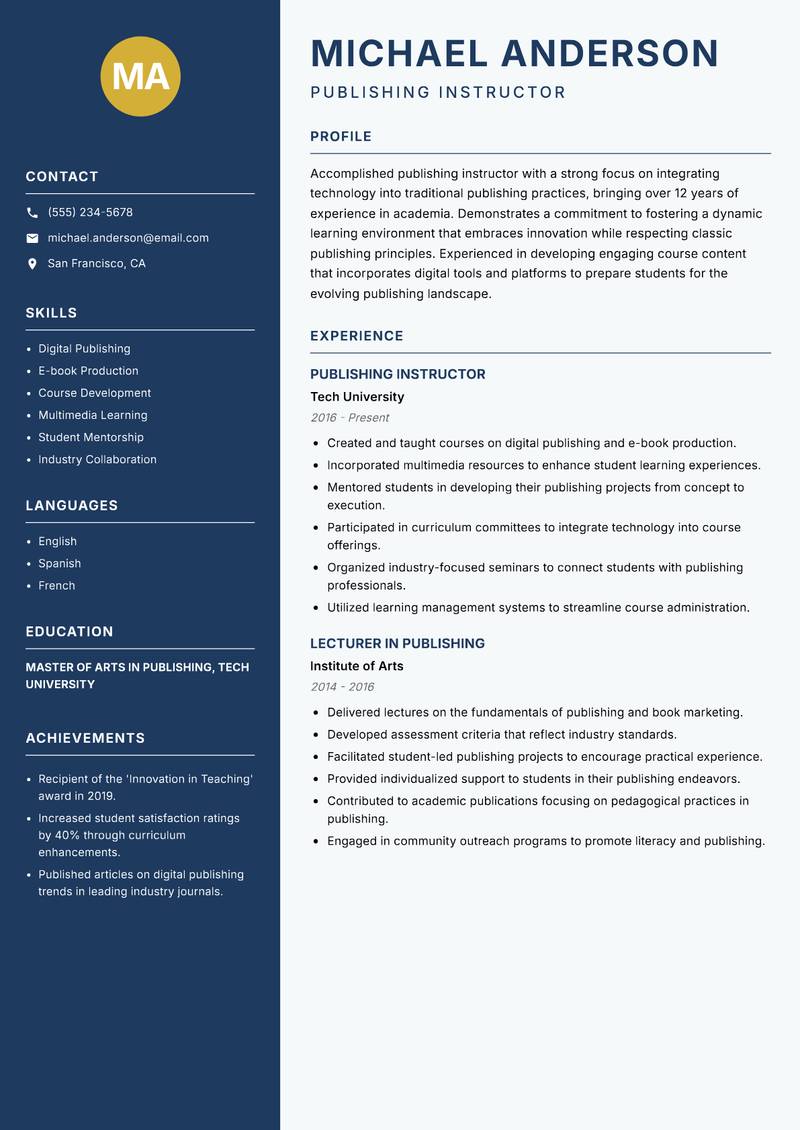 Publishing Instructor resume sample — Publishing Instructor focus