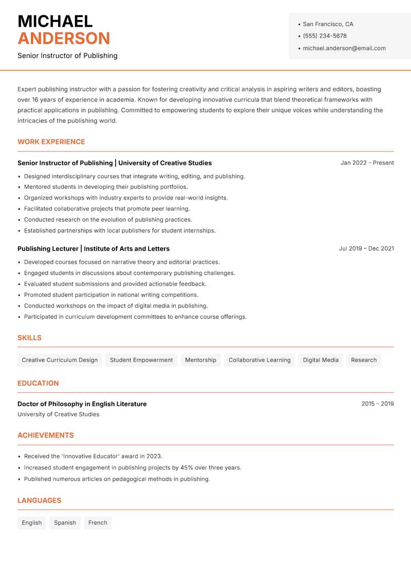 Publishing Instructor resume sample — Senior Instructor of Publishing focus