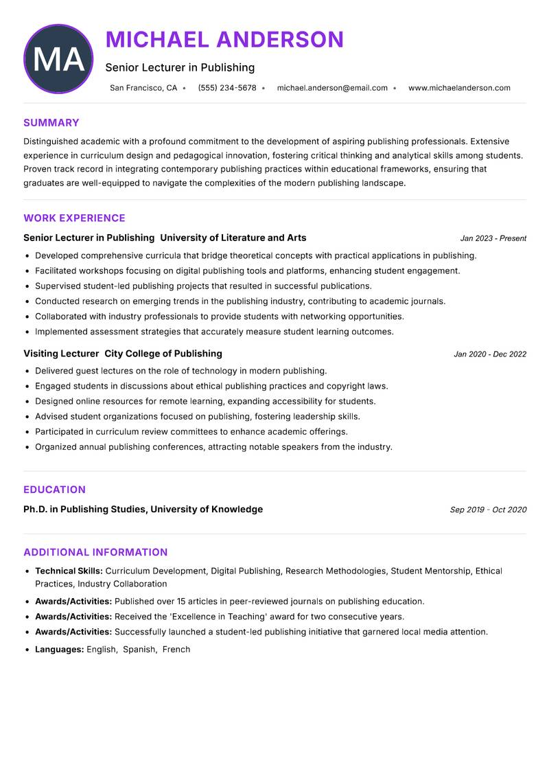 Publishing Lecturer resume example