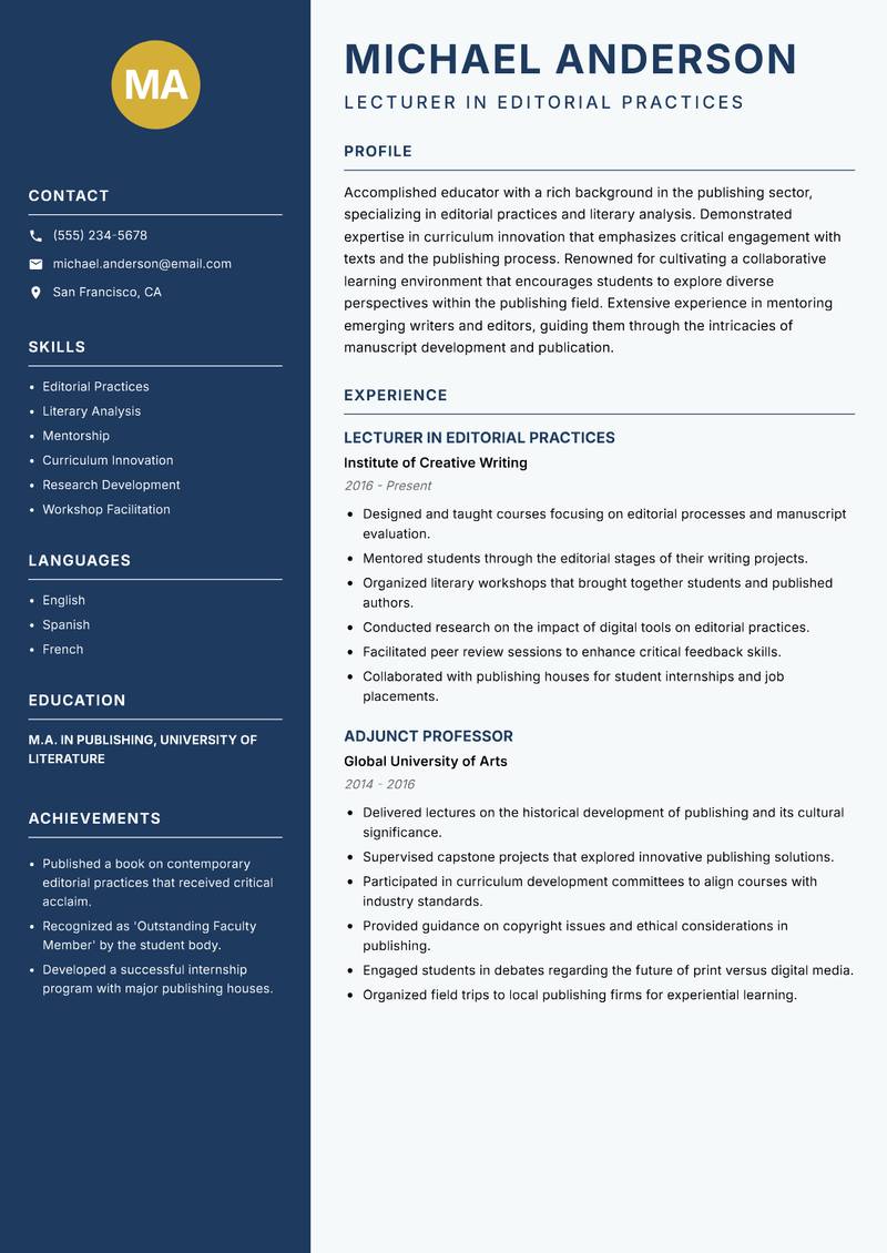 Publishing Lecturer resume sample — Lecturer in Editorial Practices focus