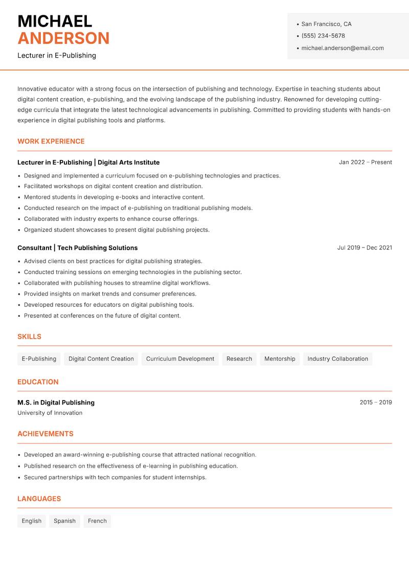 Publishing Lecturer resume sample — Lecturer in E-Publishing focus