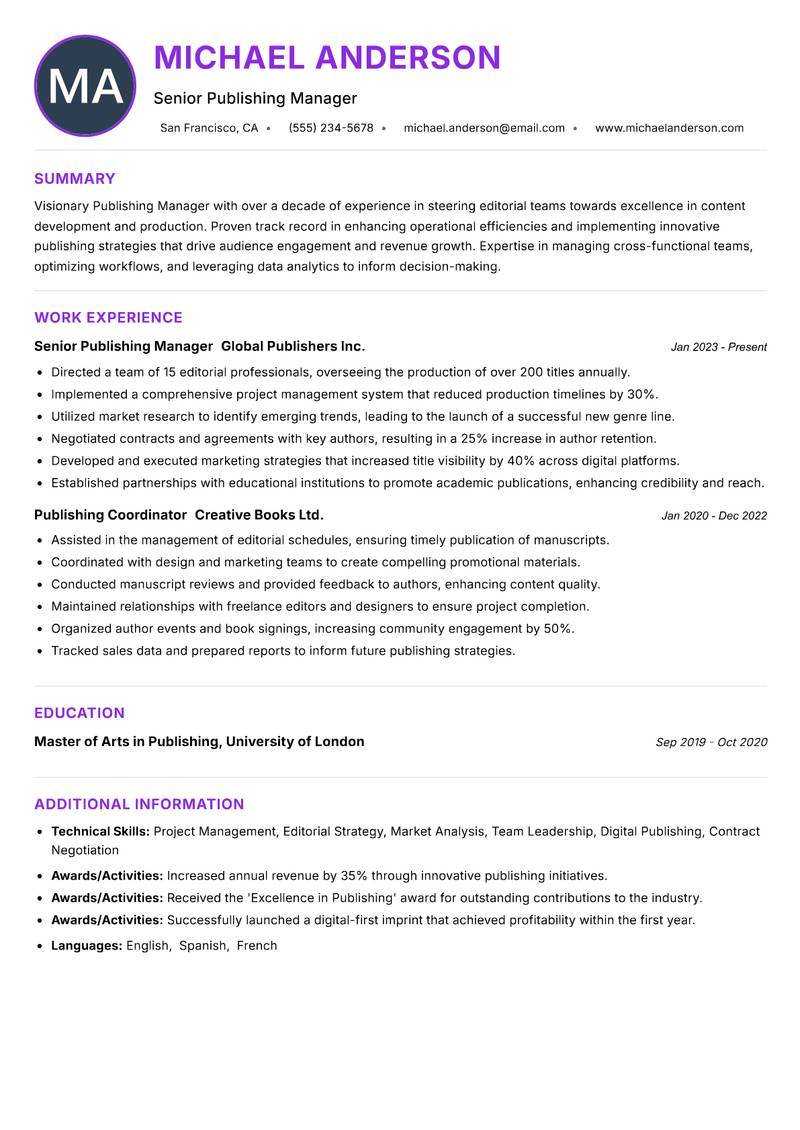 Publishing Manager resume example