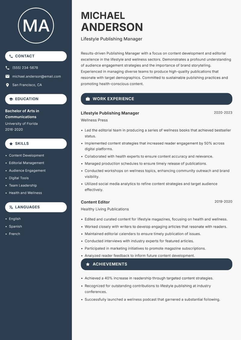 Publishing Manager resume sample — Lifestyle Publishing Manager focus