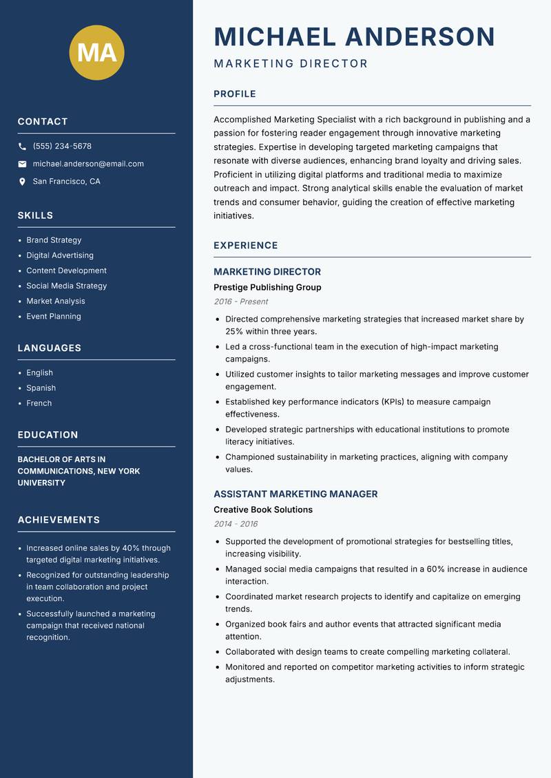 Publishing Marketing Specialist resume sample — Marketing Director focus