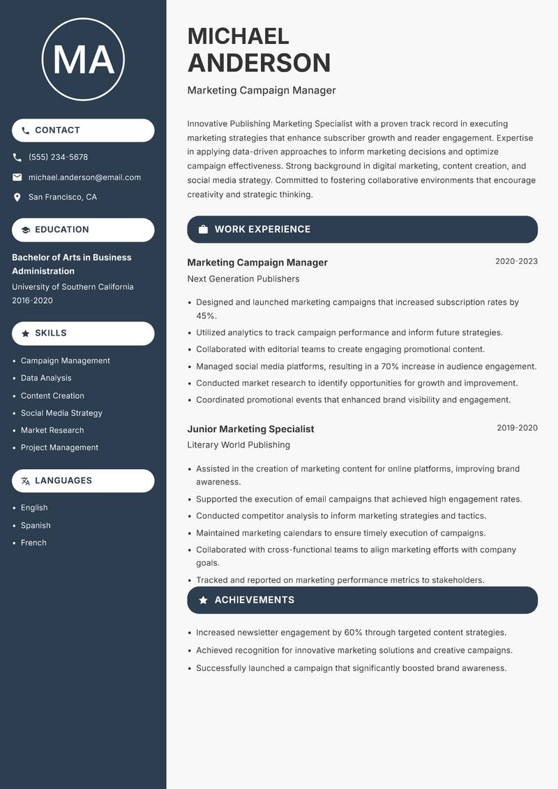 Publishing Marketing Specialist resume sample — Marketing Campaign Manager focus