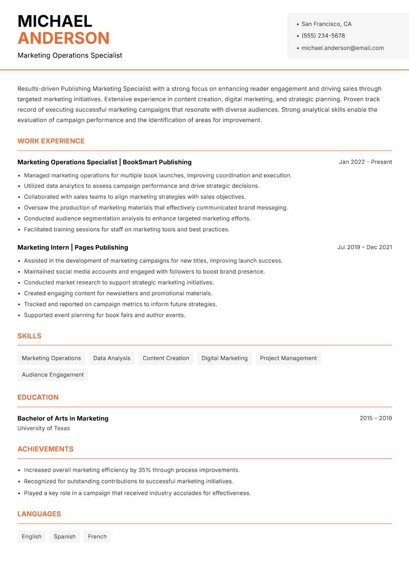 Publishing Marketing Specialist resume sample — Marketing Operations Specialist focus