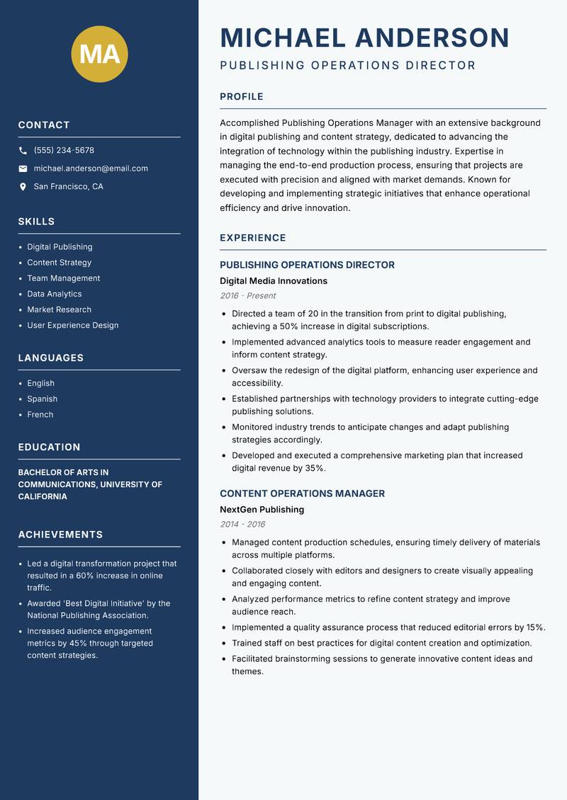 Publishing Operations Manager resume sample — Publishing Operations Director focus