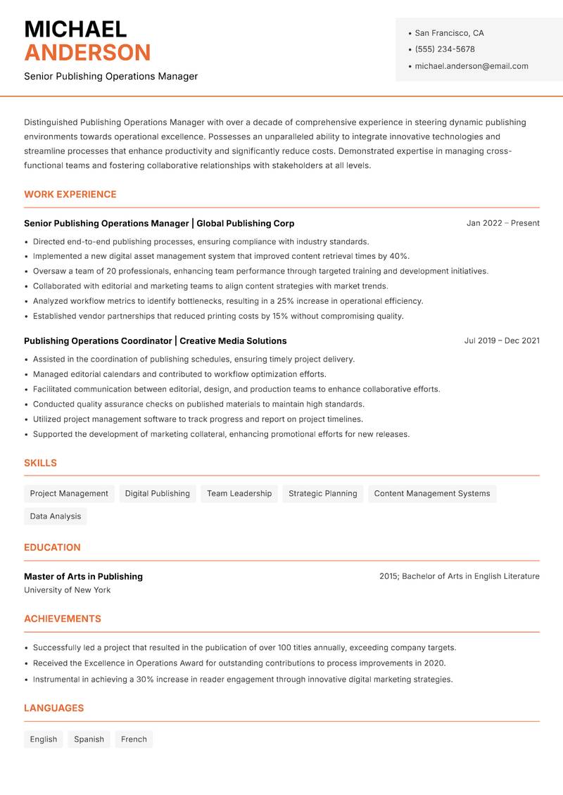 Publishing Operations Manager resume sample — Senior Publishing Operations Manager focus