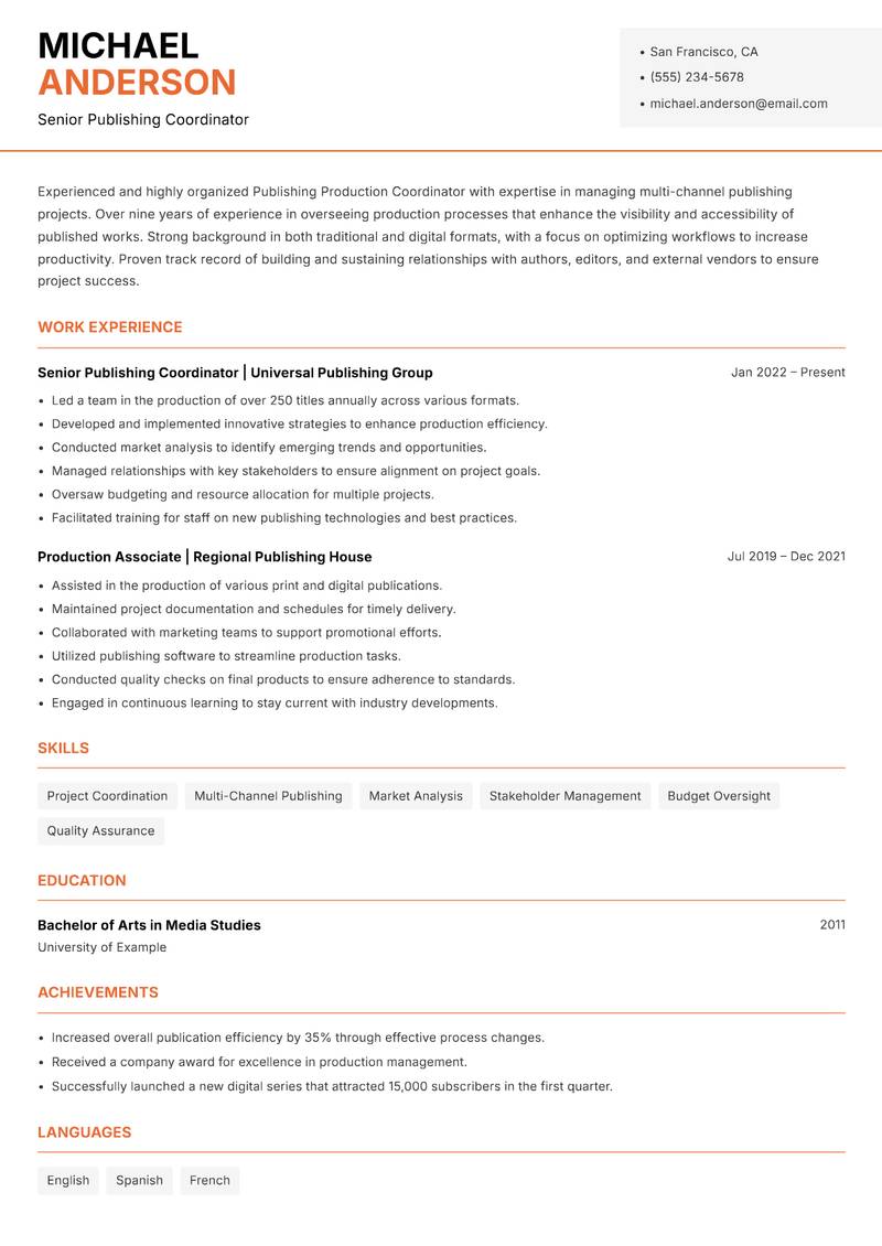 Publishing Production Coordinator resume sample — Senior Publishing Coordinator focus