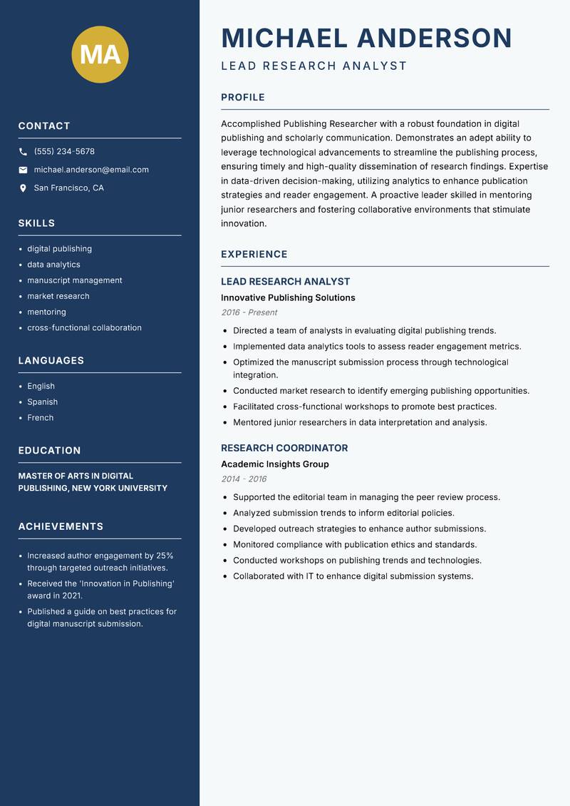 Publishing Researcher resume sample — Lead Research Analyst focus