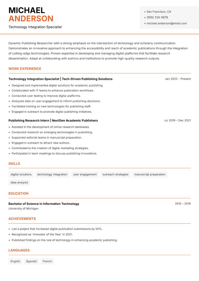 Publishing Researcher resume sample — Technology Integration Specialist focus
