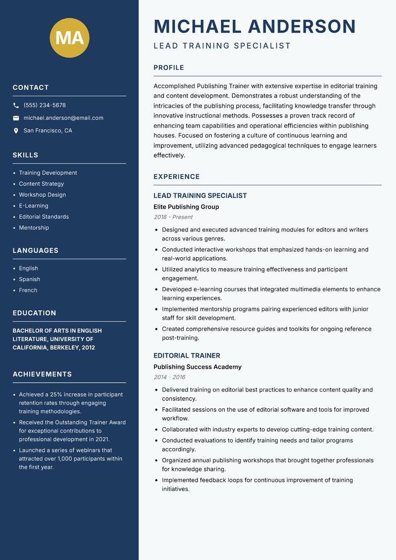 Publishing Trainer resume sample — Lead Training Specialist focus