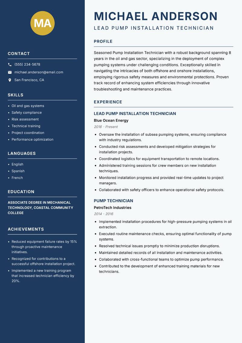 Pump Installation Technician resume sample — Lead Pump Installation Technician focus