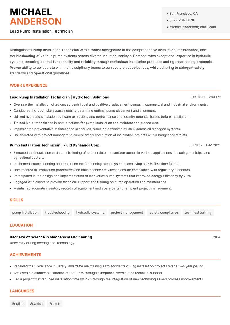 Pump Installation Technician resume sample — Lead Pump Installation Technician focus