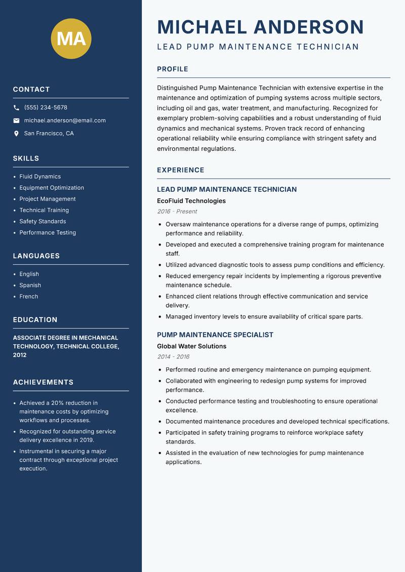 Pump Maintenance Technician resume sample — Lead Pump Maintenance Technician focus