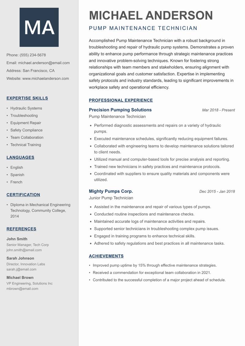 Pump Maintenance Technician resume sample — Pump Maintenance Technician focus