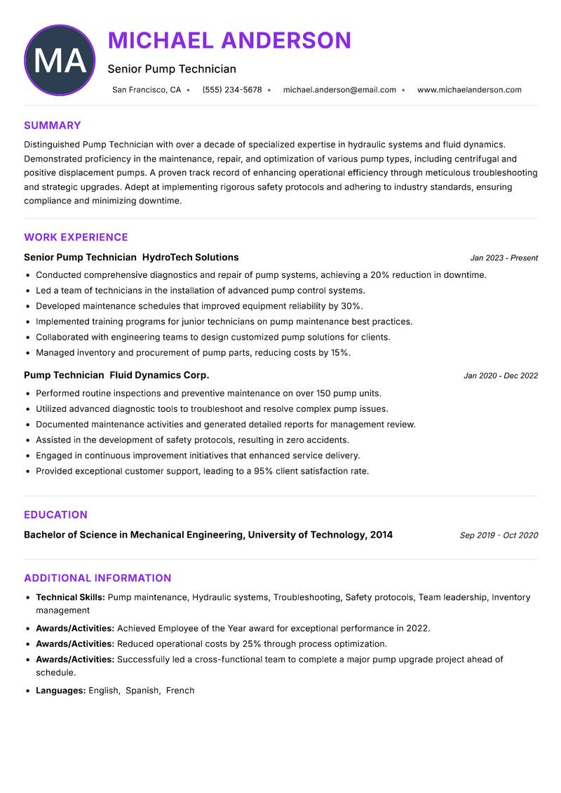 Pump Technician resume example