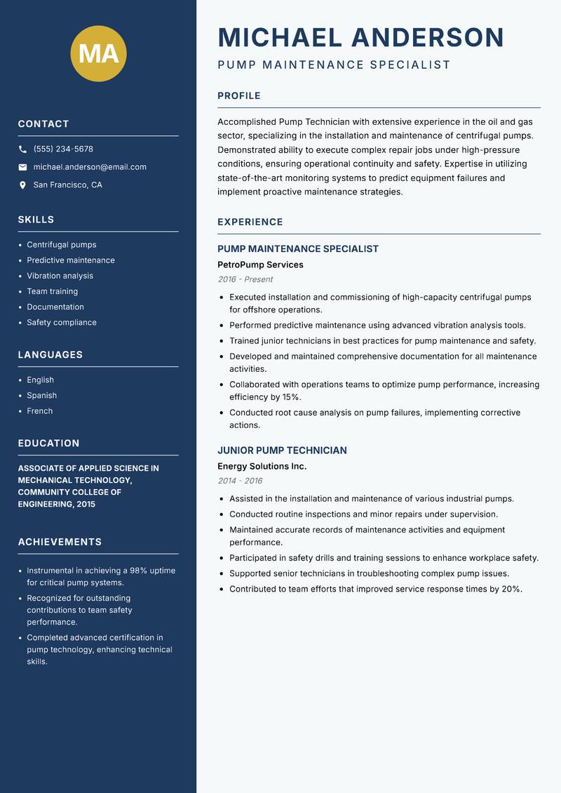 Pump Technician resume sample — Pump Maintenance Specialist focus