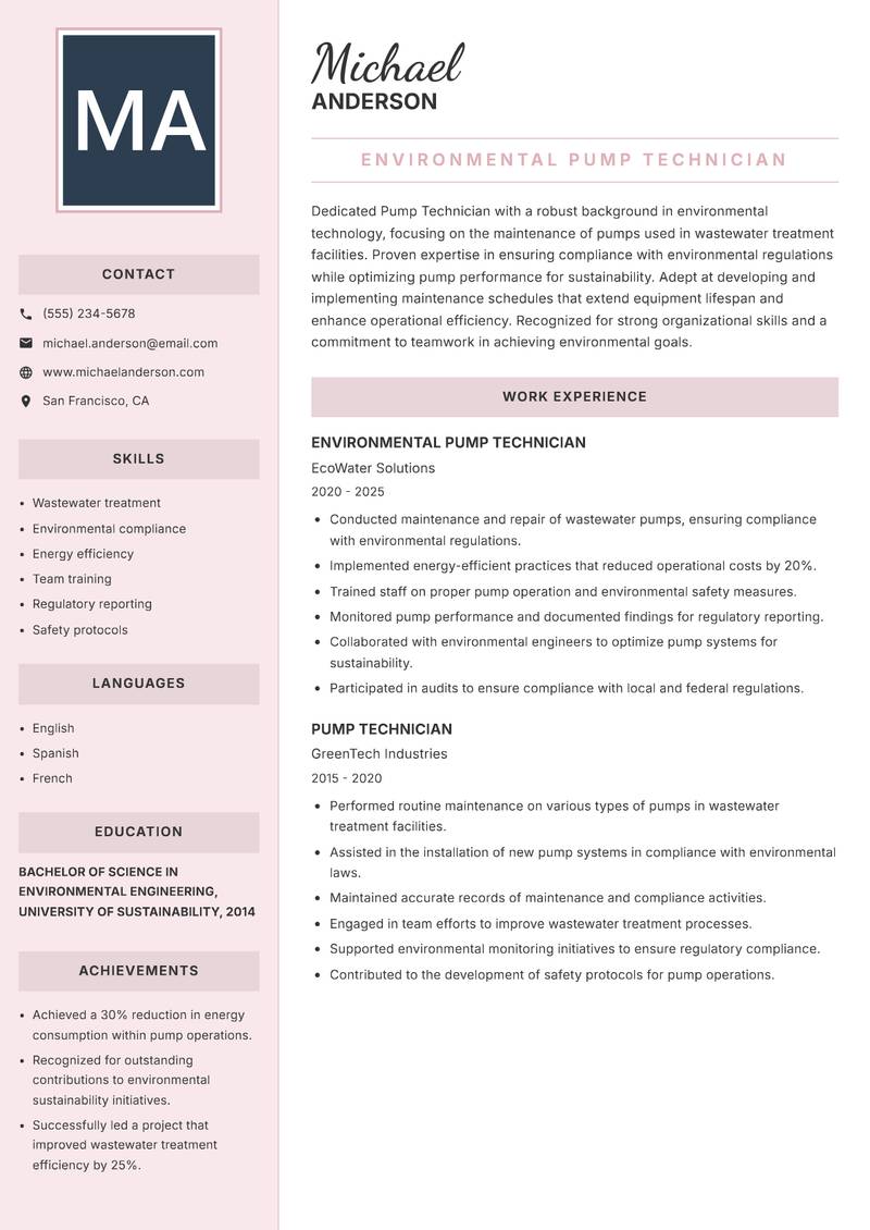 Pump Technician resume sample — Environmental Pump Technician focus