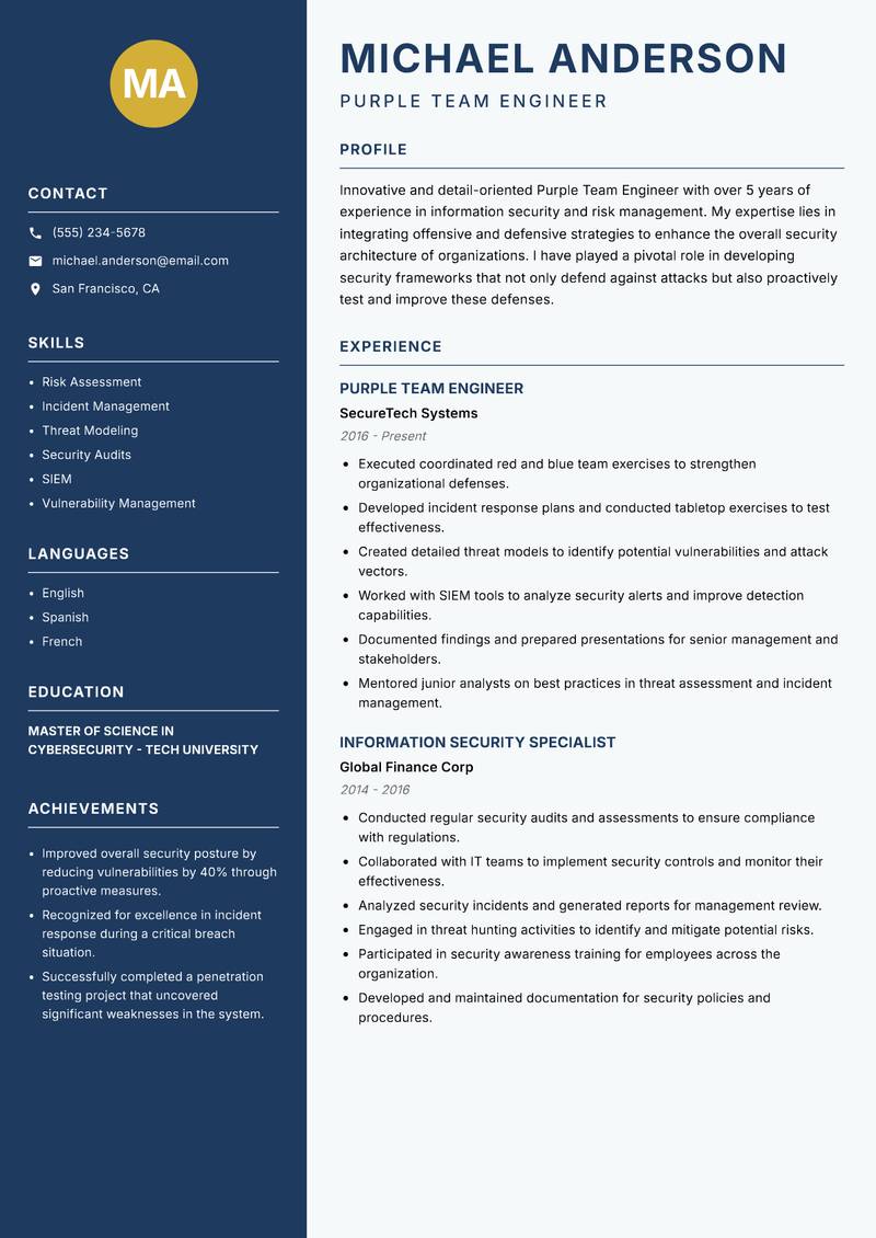 Purple Team Engineer resume sample — Purple Team Engineer focus