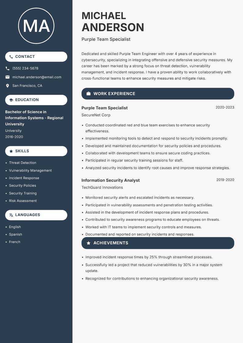 Purple Team Engineer resume sample — Purple Team Specialist focus
