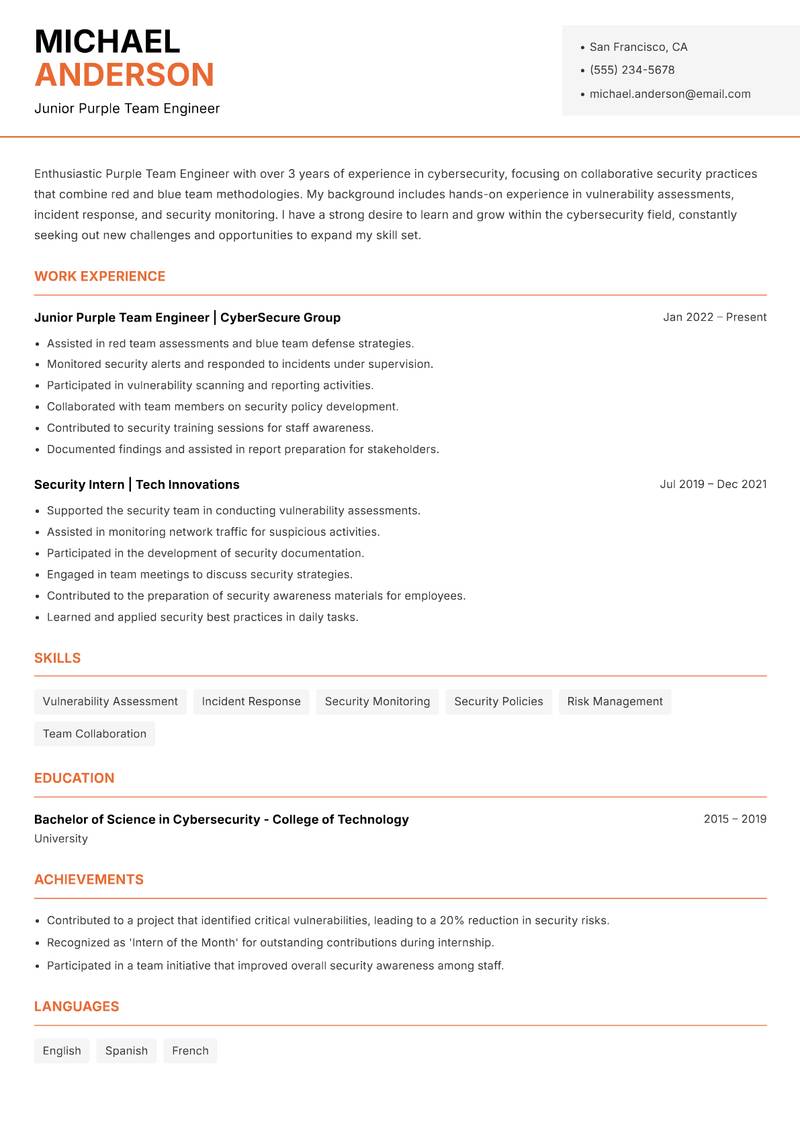 Purple Team Engineer resume sample — Junior Purple Team Engineer focus