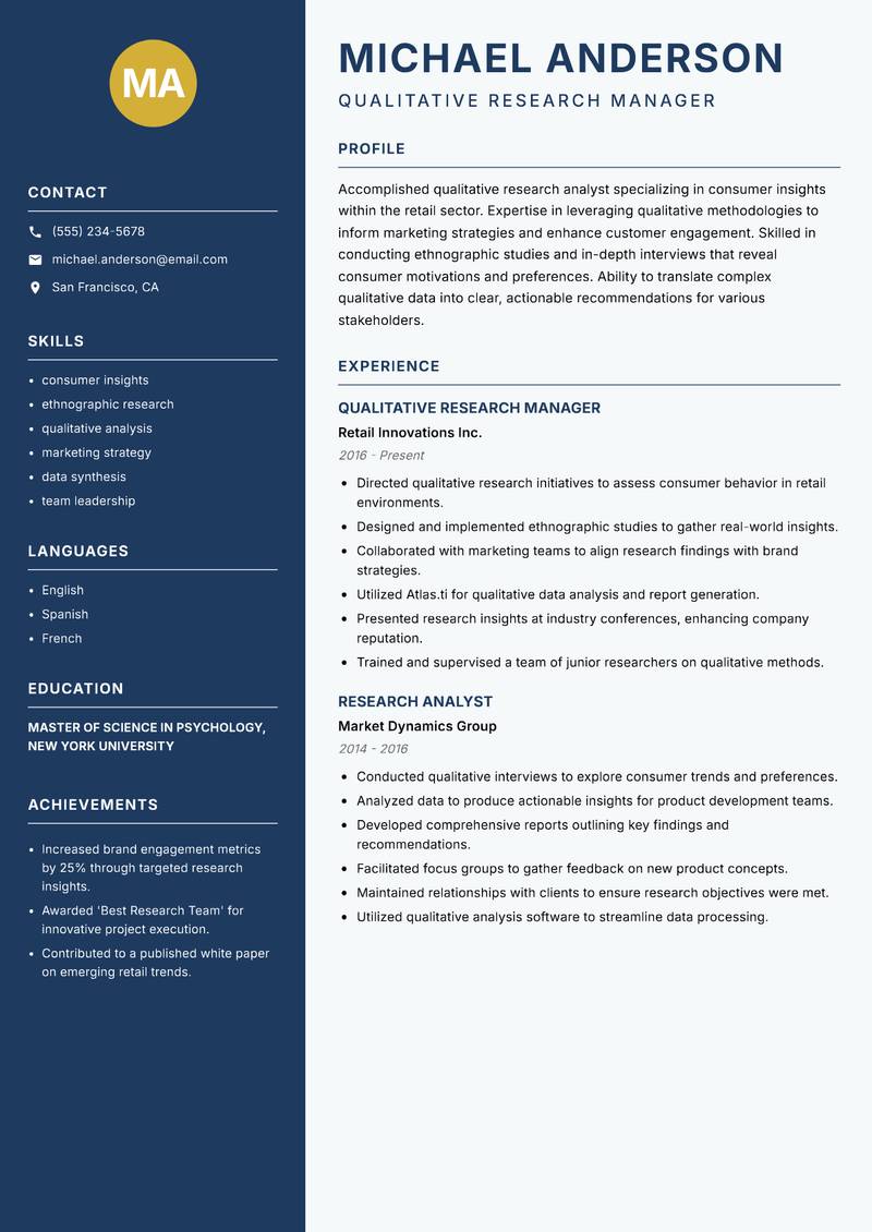 Qualitative Research Analyst resume sample — Qualitative Research Manager focus