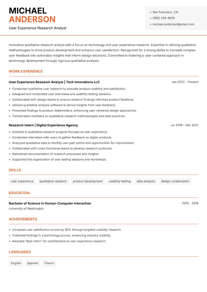 Qualitative Research Analyst resume sample — User Experience Research Analyst focus