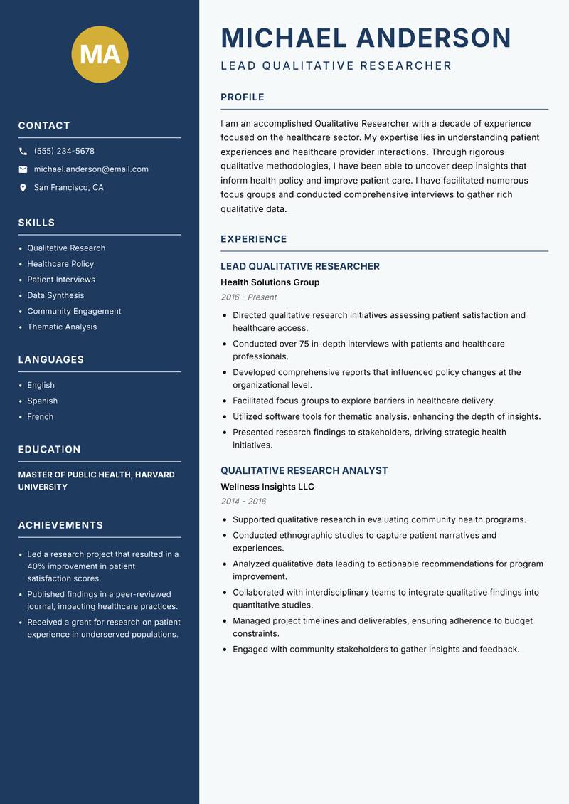 Qualitative Researcher resume sample — Lead Qualitative Researcher focus