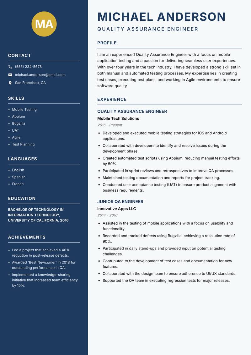 Quality Assurance Engineer resume sample — Quality Assurance Engineer focus