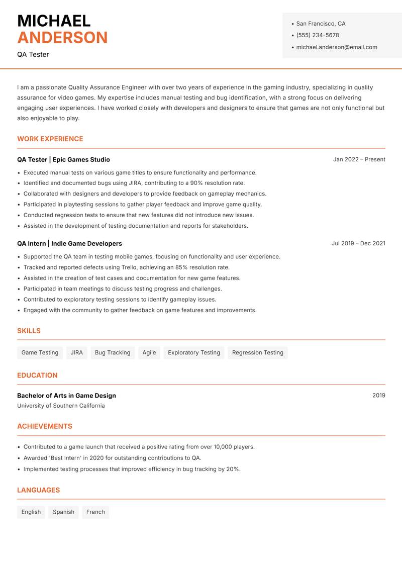 Quality Assurance Engineer resume sample — QA Tester focus