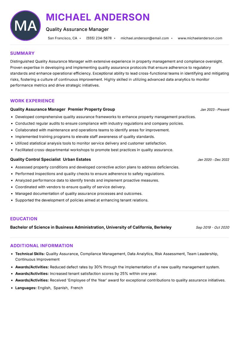 Quality Assurance Manager Property resume example