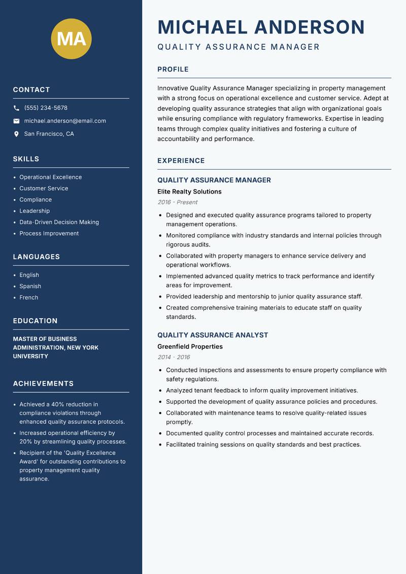 Quality Assurance Manager Property resume sample — Quality Assurance Manager focus