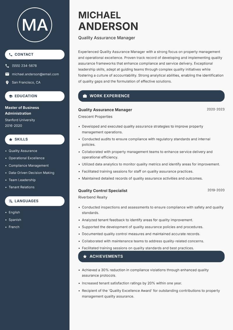 Quality Assurance Manager Property resume sample — Quality Assurance Manager focus