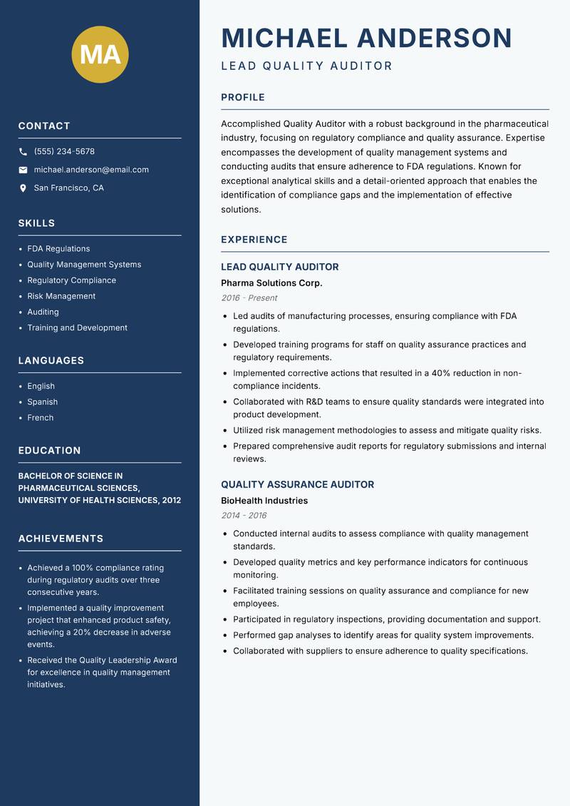 Quality Auditor resume sample — Lead Quality Auditor focus