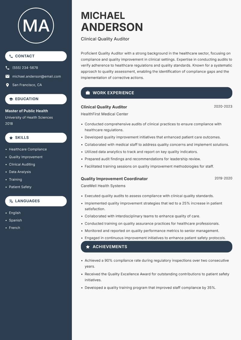 Quality Auditor resume sample — Clinical Quality Auditor focus