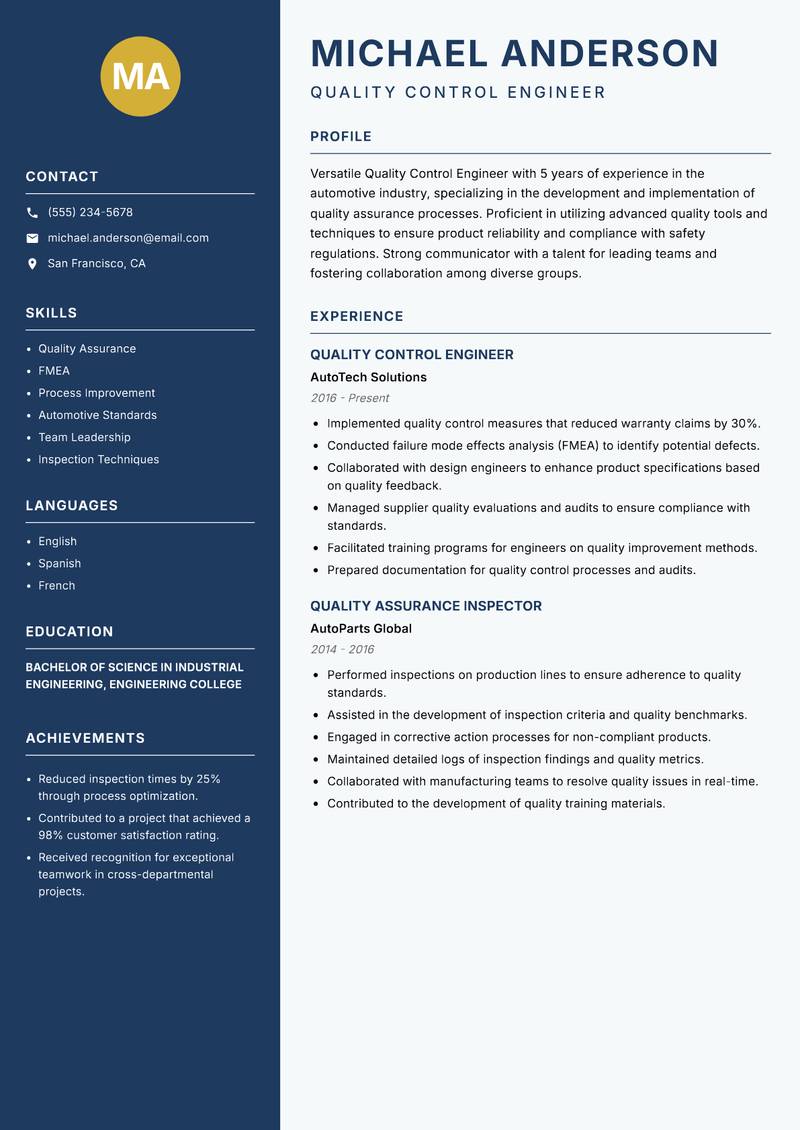 Quality Control Engineer resume sample — Quality Control Engineer focus