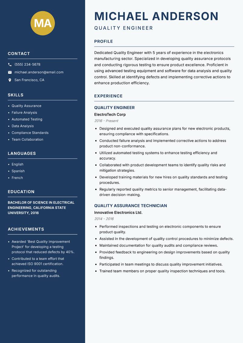 Quality Engineer resume sample — Quality Engineer focus