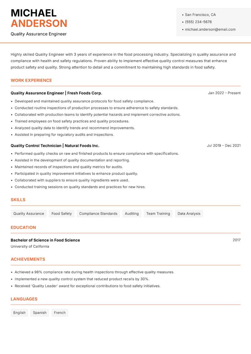 Quality Engineer resume sample — Quality Assurance Engineer focus